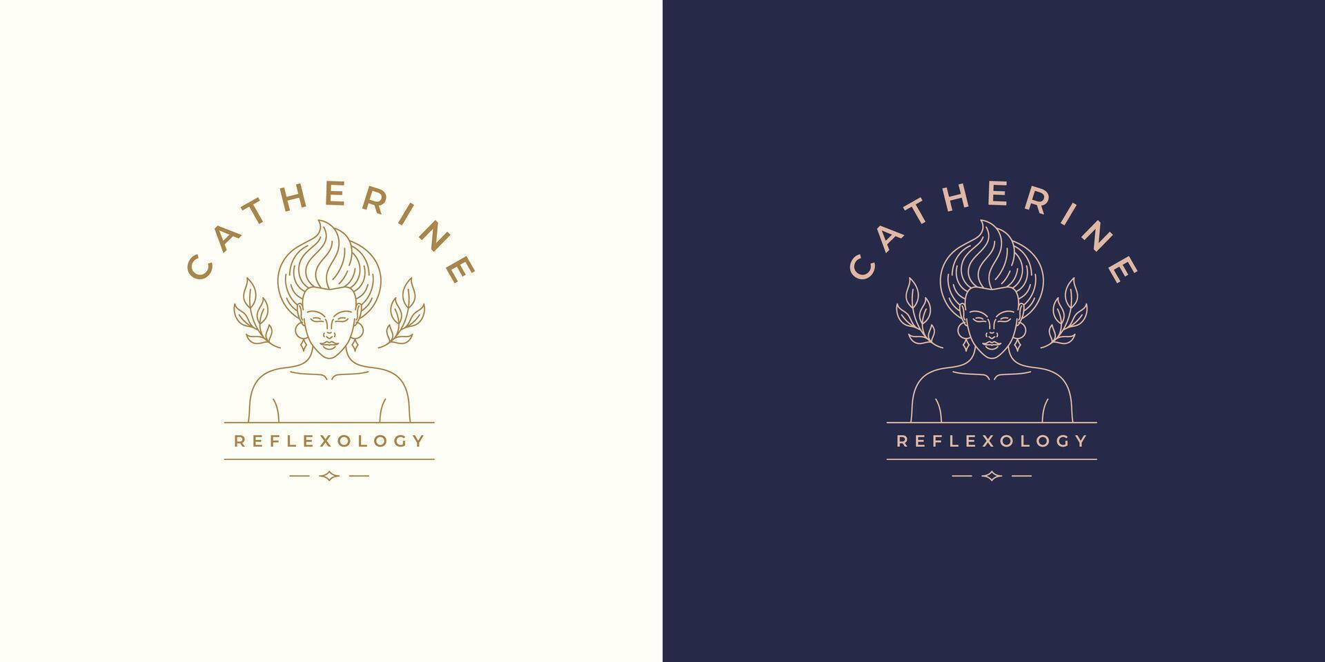Beautiful female line face with leaves logo emblem design template illustration simple minimal linear style vector