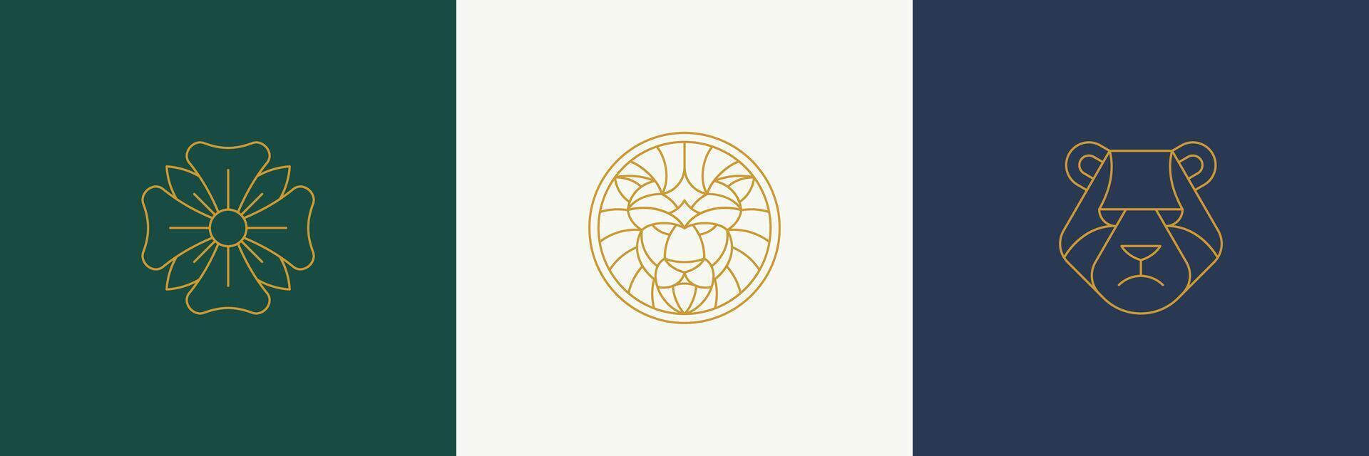line decoration design elements set - lion and bear heads illustrations simple minimal linear style vector
