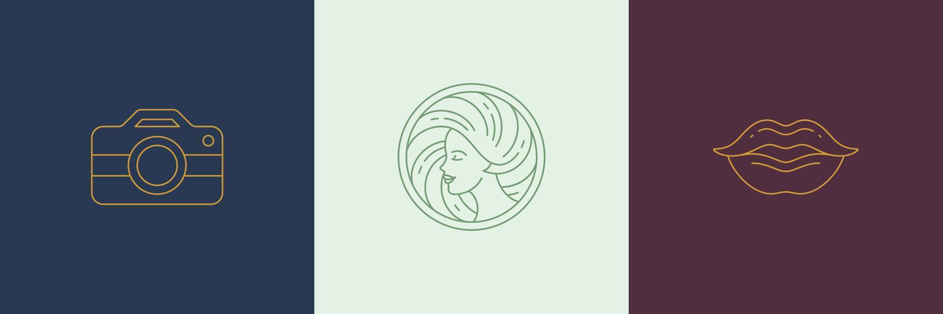 line decoration design elements set - female face and lips illustrations simple linear style vector
