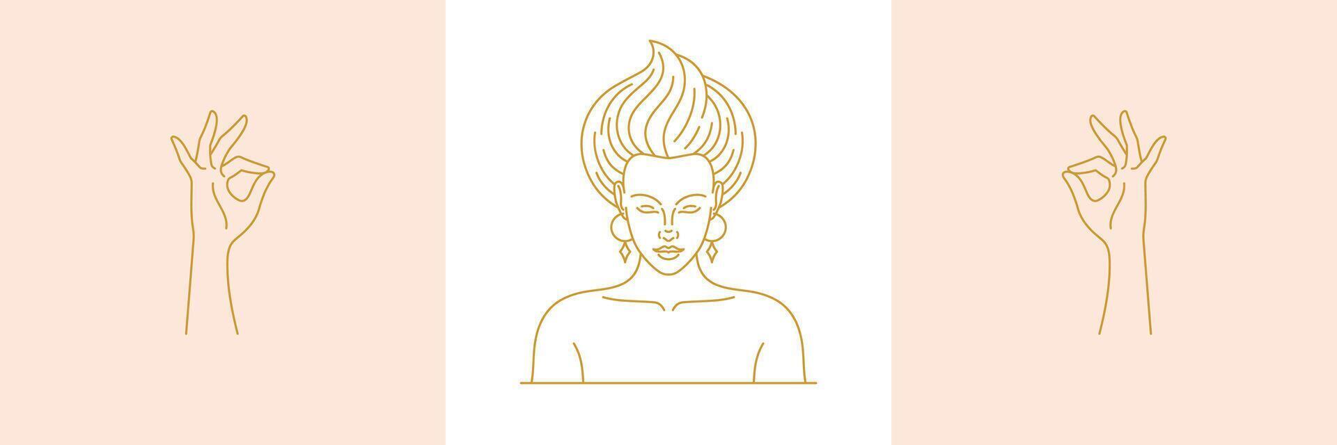 line decoration design elements set - female face and gesture hands illustrations minimal linear style vector