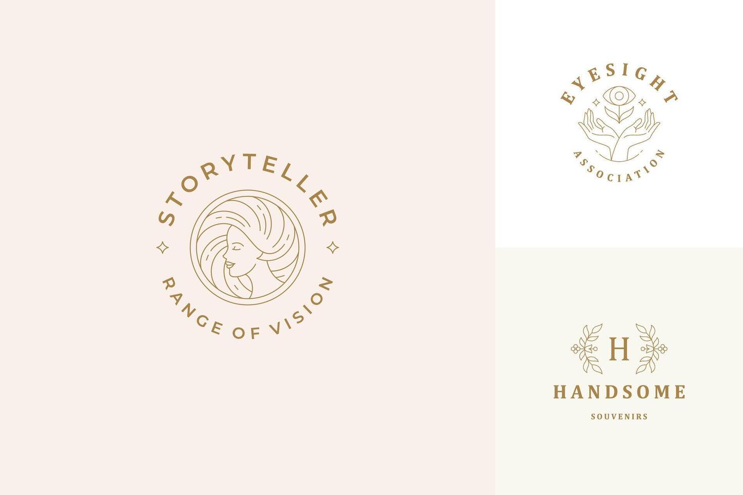 line logos emblems design templates set - female face and gesture hands illustrations simple minimal linear style vector