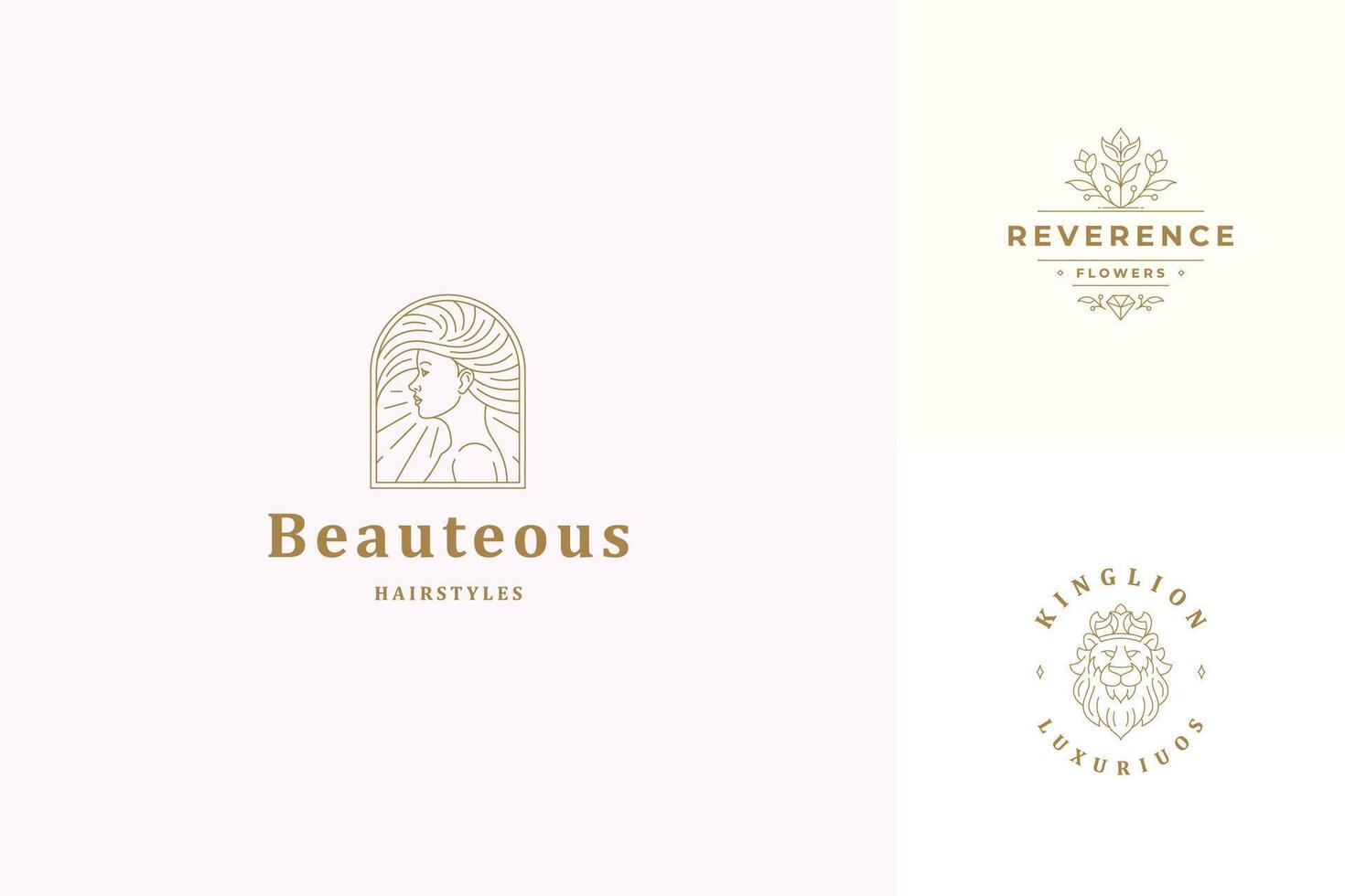 line logos emblems design templates set - female face and lion head illustrations simple minimal linear style vector
