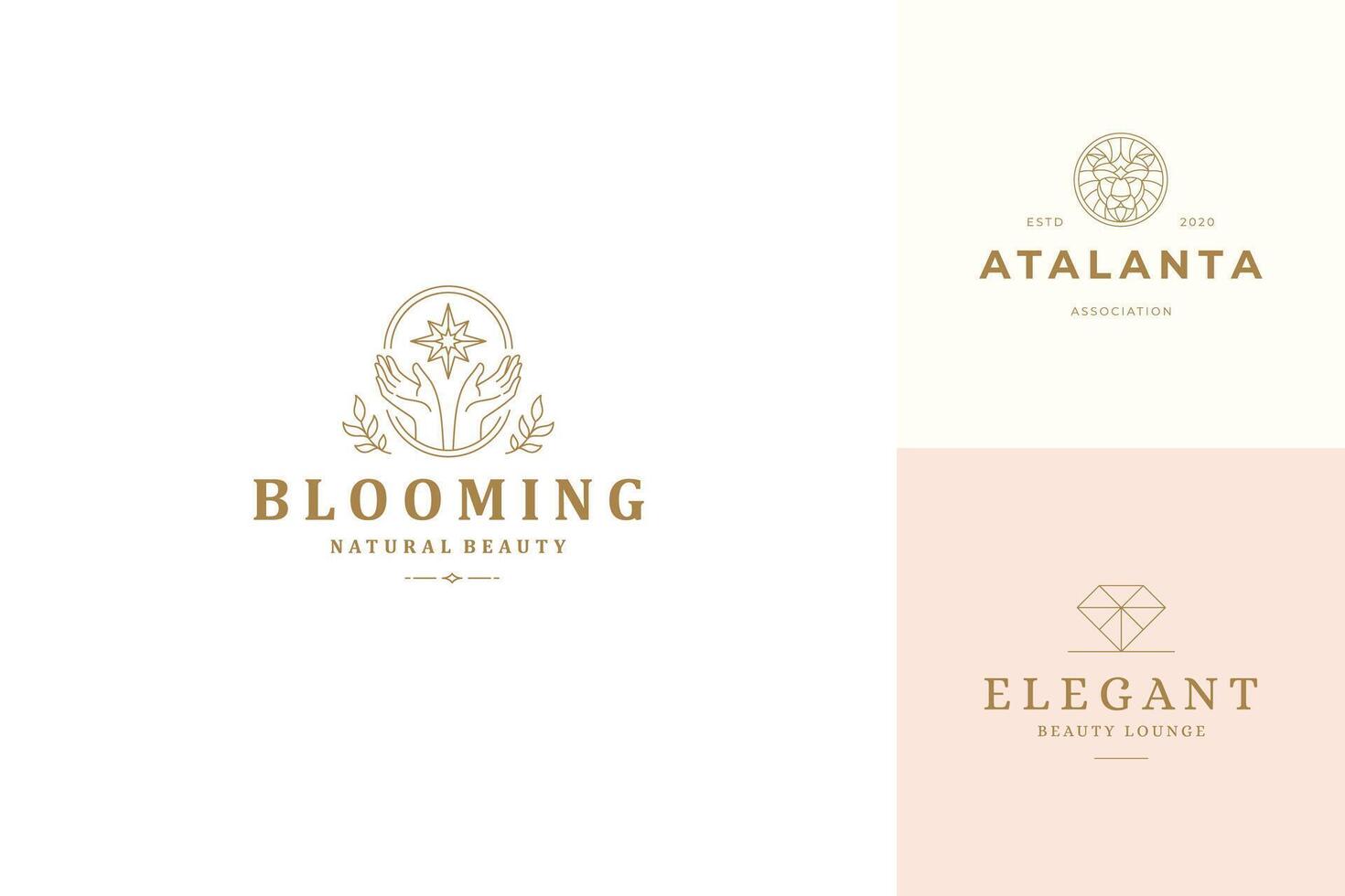 line logos emblems design templates set - female gesture hands and star illustrations simple linear style vector