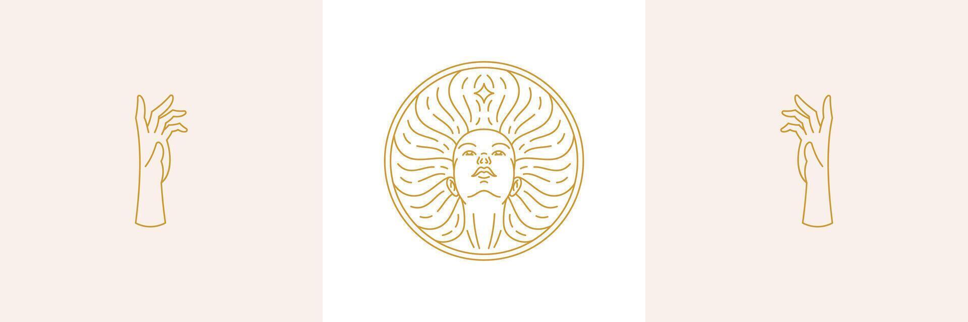 line minimal decoration design elements set - female face and gesture hands illustrations minimal linear style vector