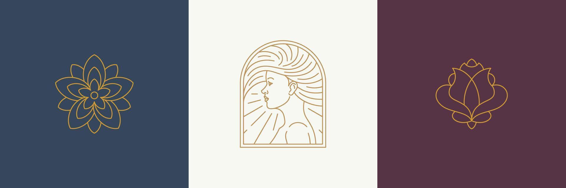 line decoration design elements set - female face and rose illustrations simple linear style vector