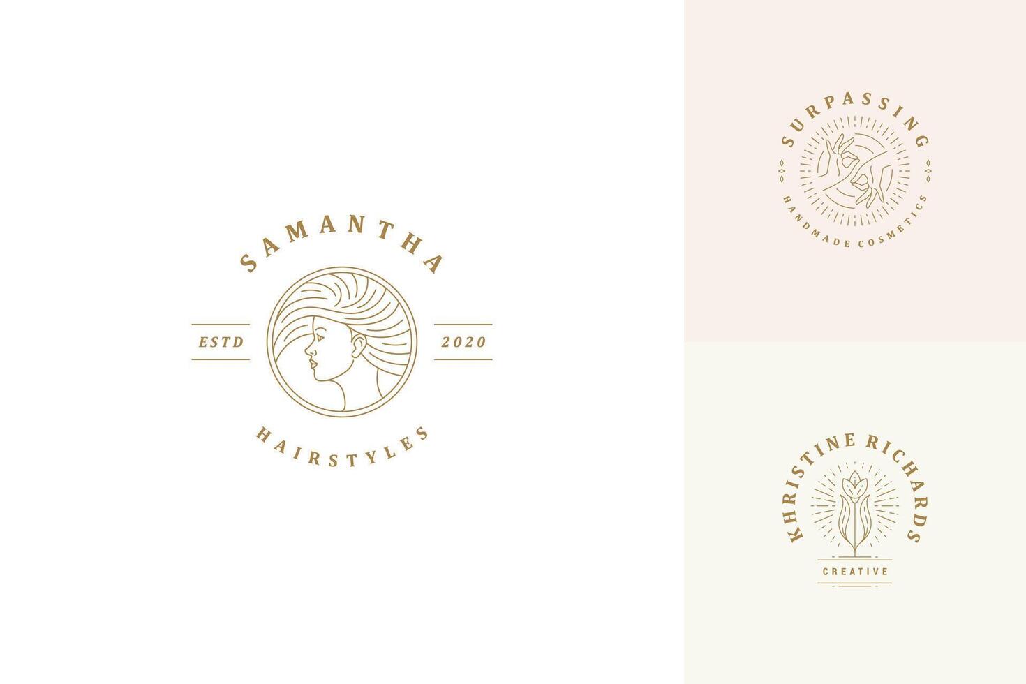 line logos emblems design templates set - female face and gesture hands illustrations simple linear style vector
