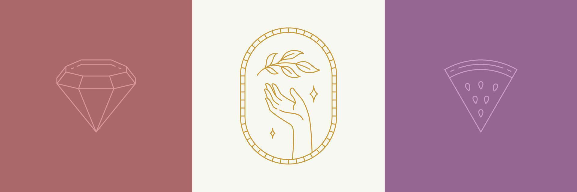 line decoration design elements set - leaves and gesture hand illustrations simple minimal linear style vector