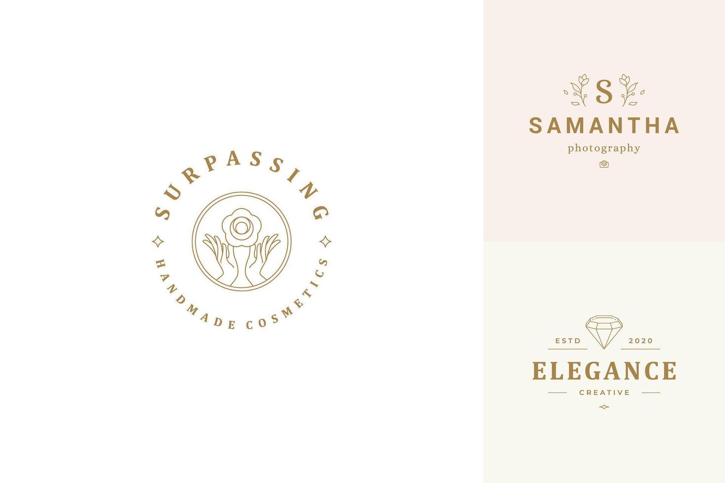 line logos emblems design templates set - female gesture hands and rose flower illustrations simple linear style vector