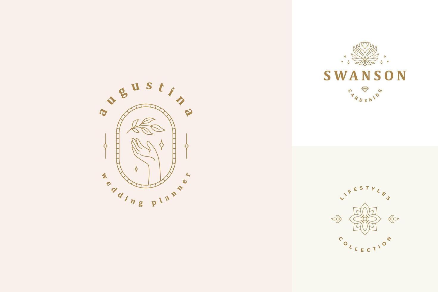 line logos emblems design templates set - female gesture hand and rose flower illustrations simple linear style vector