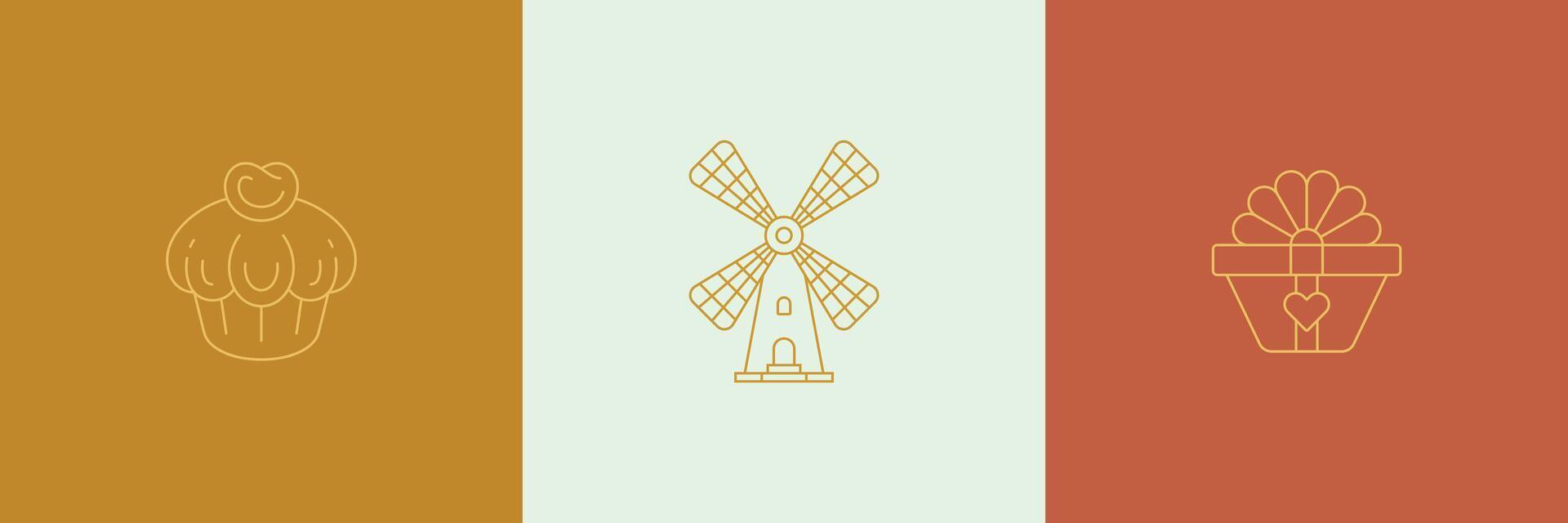 line minimal decoration design elements set - wind mill and gift box illustrations simple minimal linear style vector