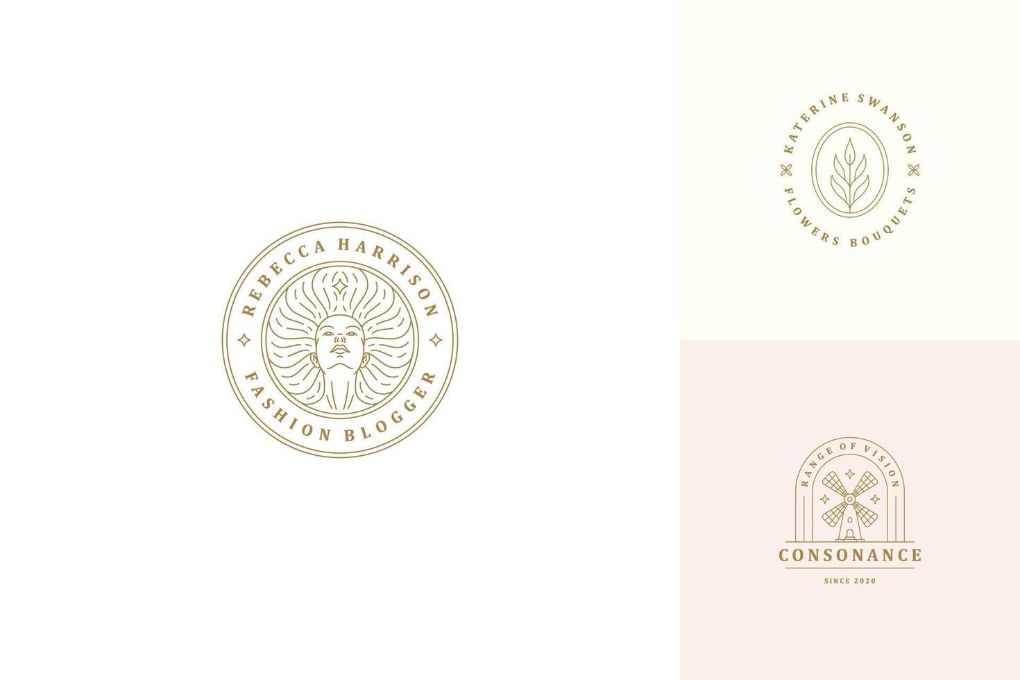 line logos emblems design templates set - female face and windmill illustrations simple minimal linear style vector