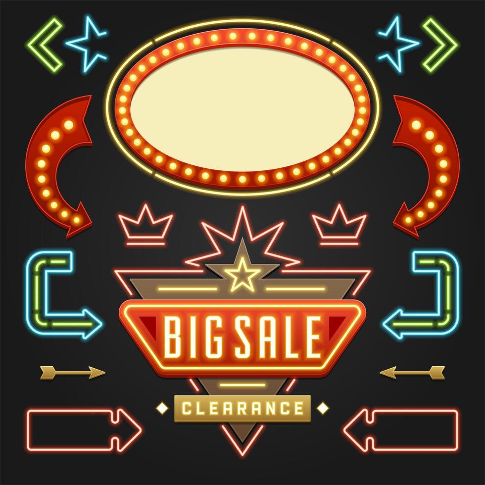 Retro Showtime Signs Design Elements Set. Bright Billboard Signage Light Bulbs vector
