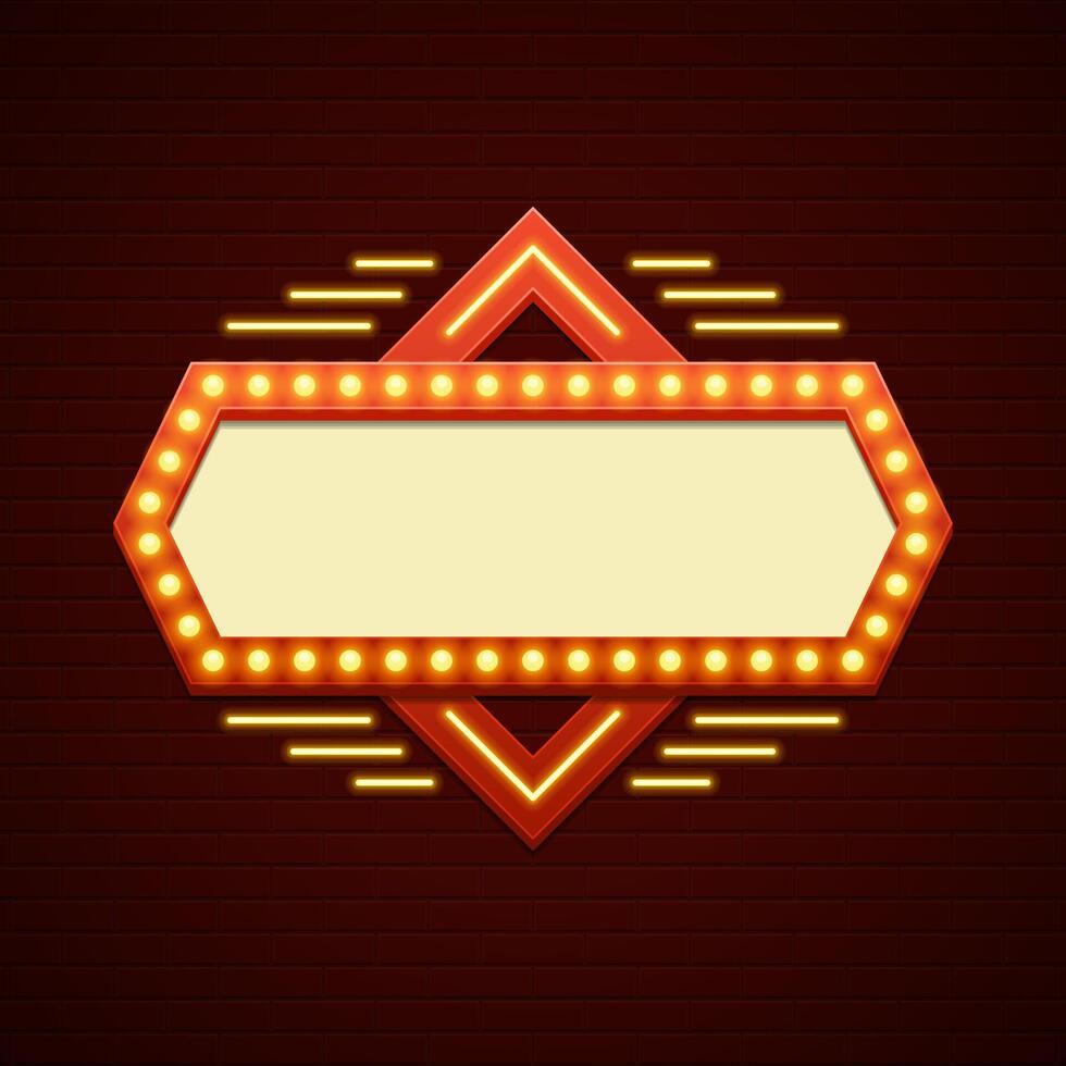 Retro Showtime Sign Design. Cinema Signage Light Bulbs Frame and Neon Lamps on brick wall background. vector