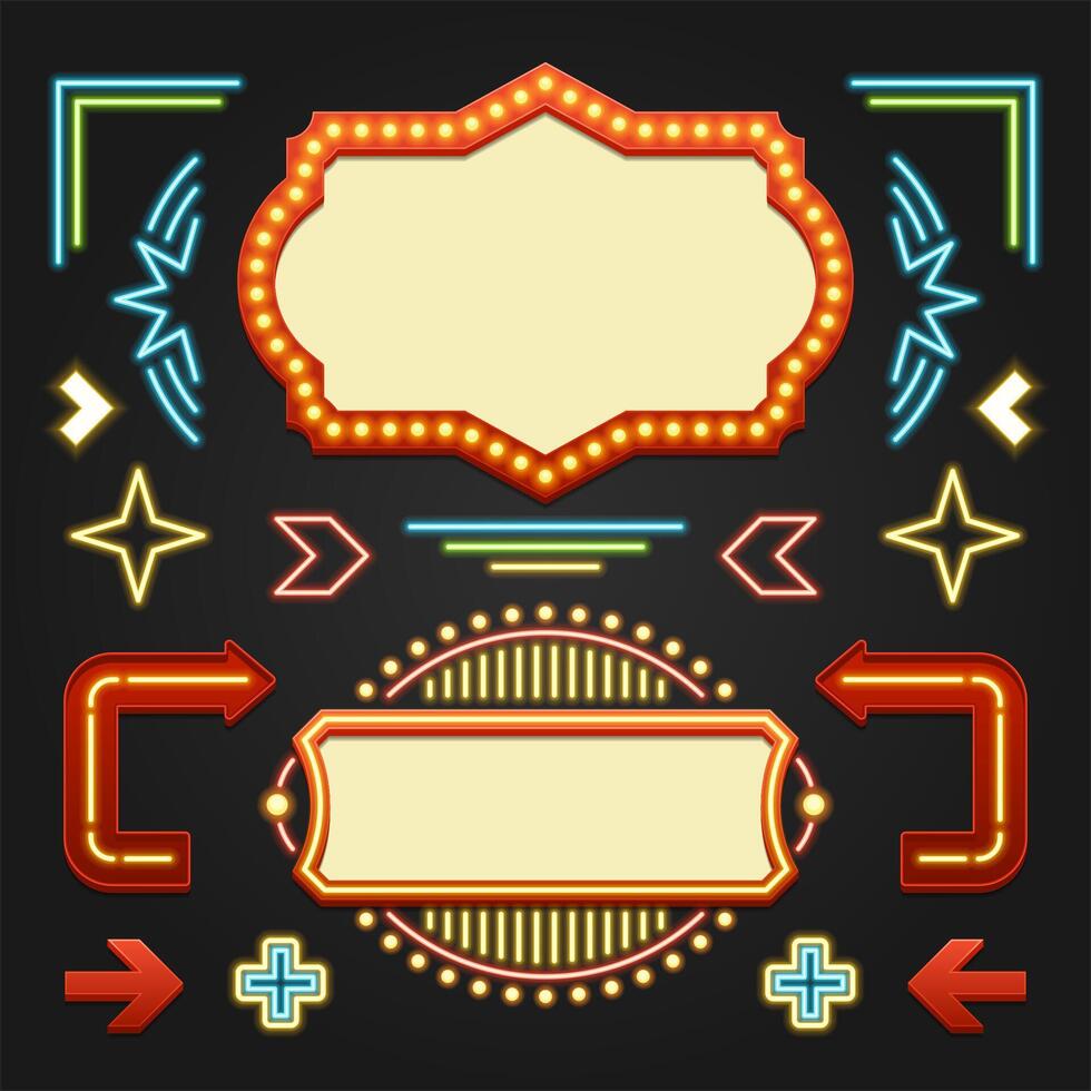 Retro Showtime Signs Design Elements Set. Bright Billboard Signage Light Bulbs vector