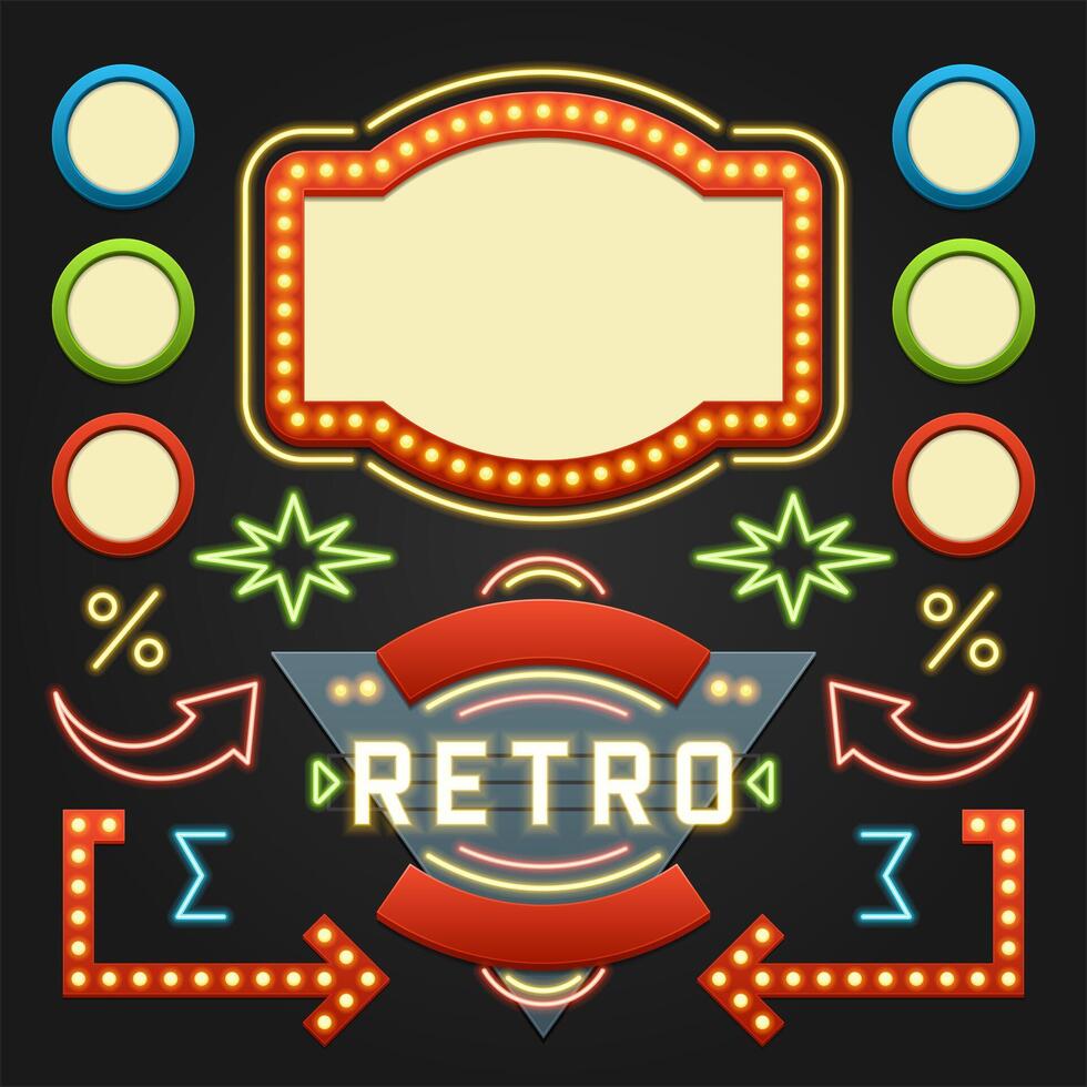 Retro American 1950s Sign Design Elements Set. Billboard Signage Light Bulbs. vector