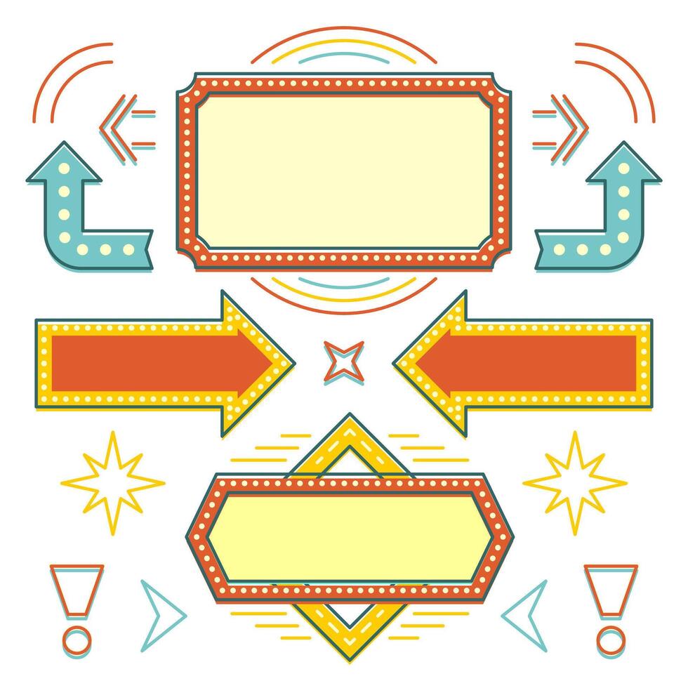 Retro American 1950s Sign Design Elements Set. Billboard Signage Light Bulbs. vector