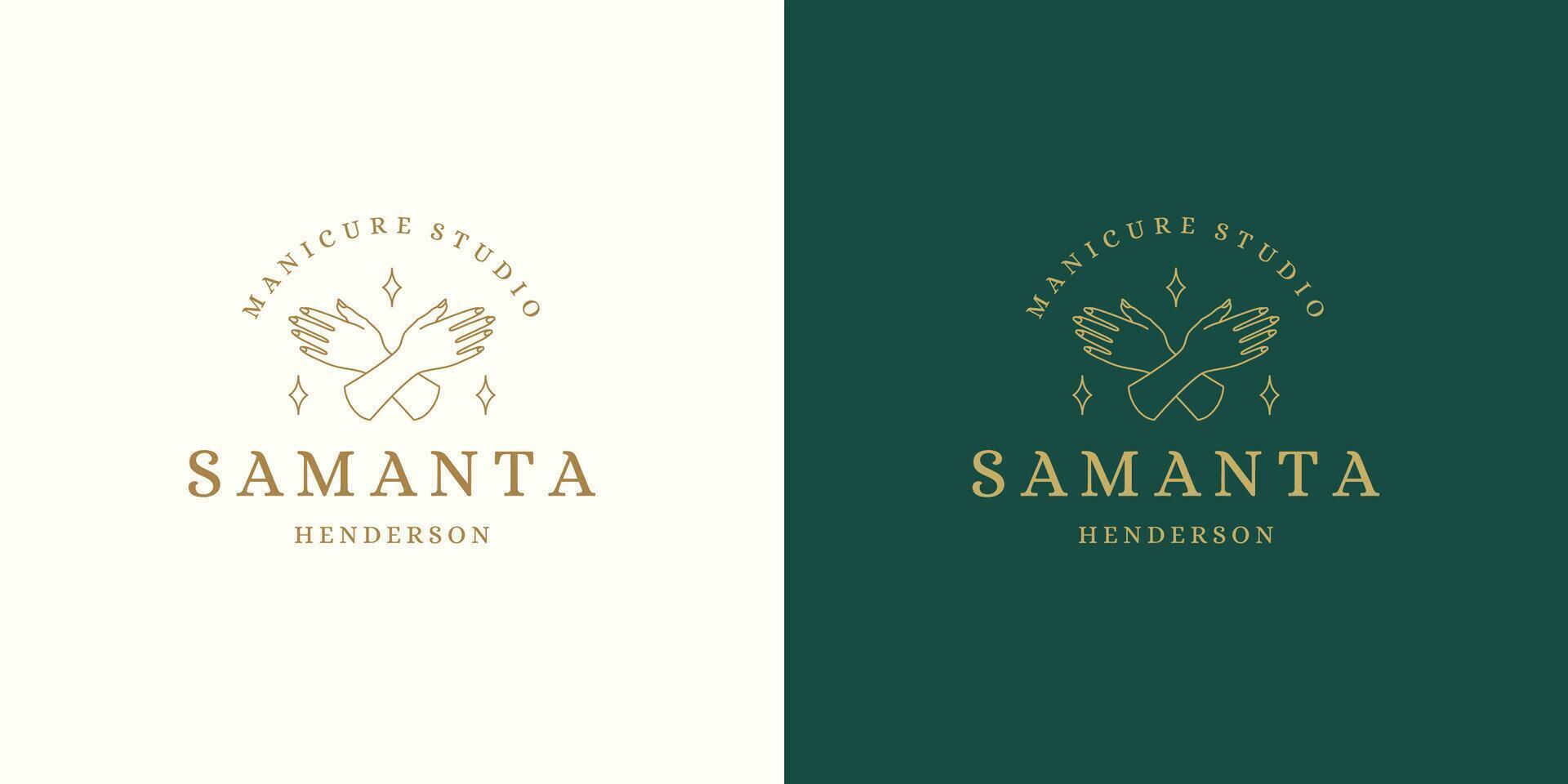 line logos emblems design templates set - female gesture hand and nails illustrations simple minimal linear style vector