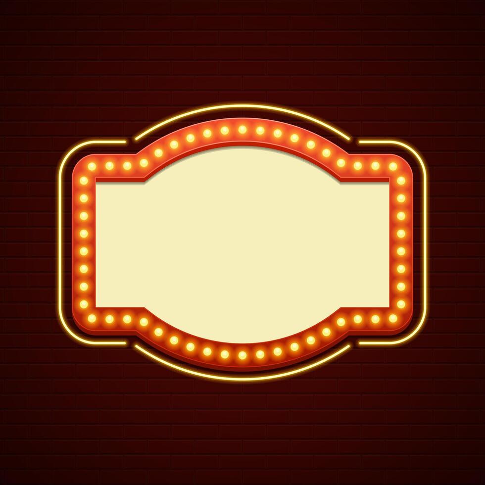 Retro Showtime Sign Design. Cinema Signage Light Bulbs Frame and Neon Lamps on brick wall background. vector