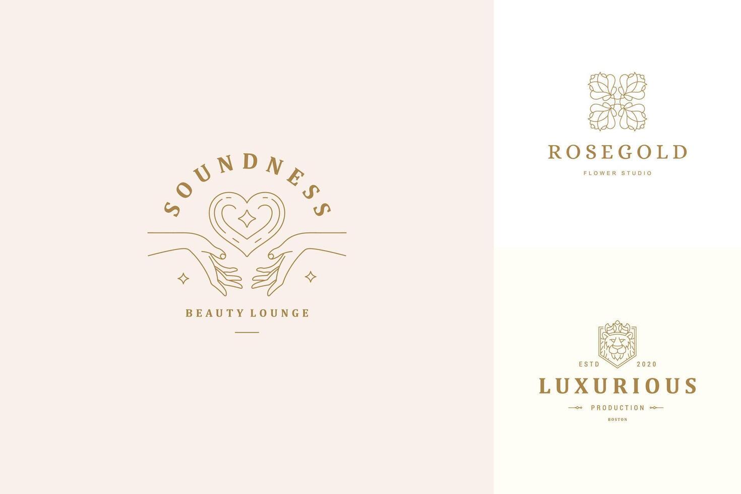 line logos emblems design templates set - female gesture hands and heart illustrations simple linear style vector