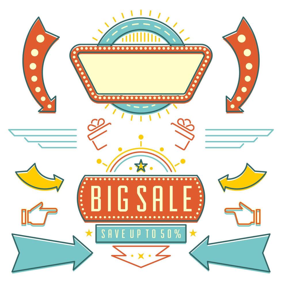 Retro American 1950s Sign Design Elements Set. Billboard Signage Light Bulbs. vector