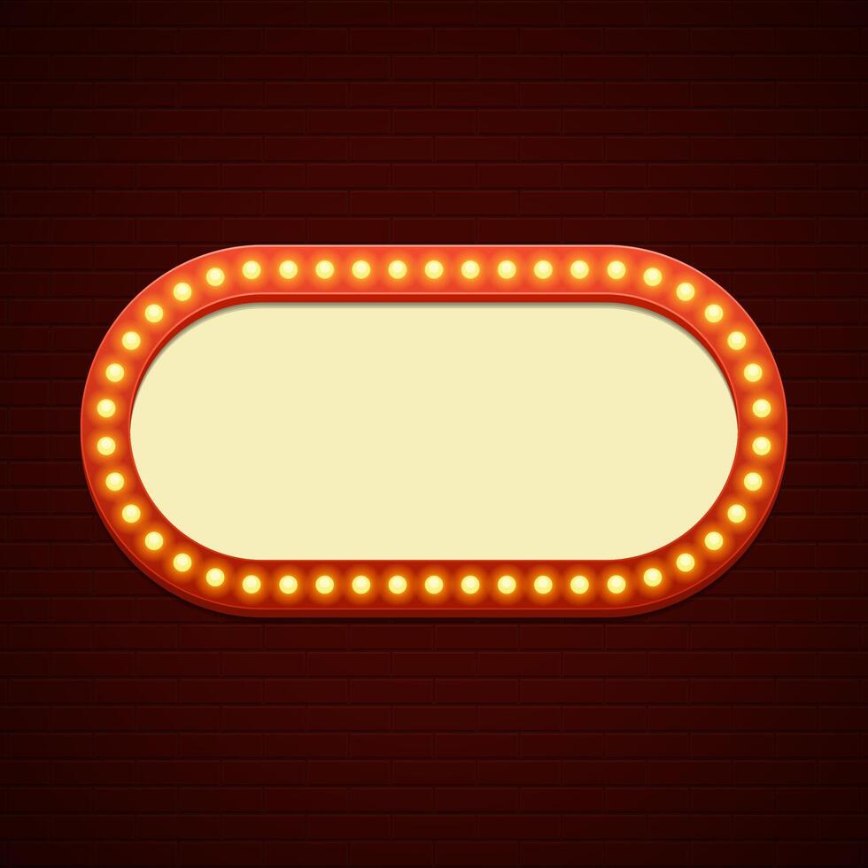 Retro Showtime Sign Design. Cinema Signage Light Bulbs Frame and Neon Lamps on brick wall background. vector
