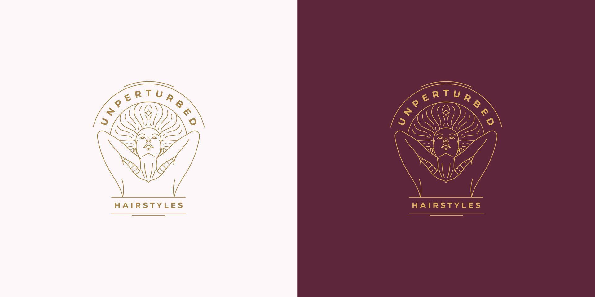 Beautiful female line face with fluttering hairs logo emblem design template illustration simple linear style vector