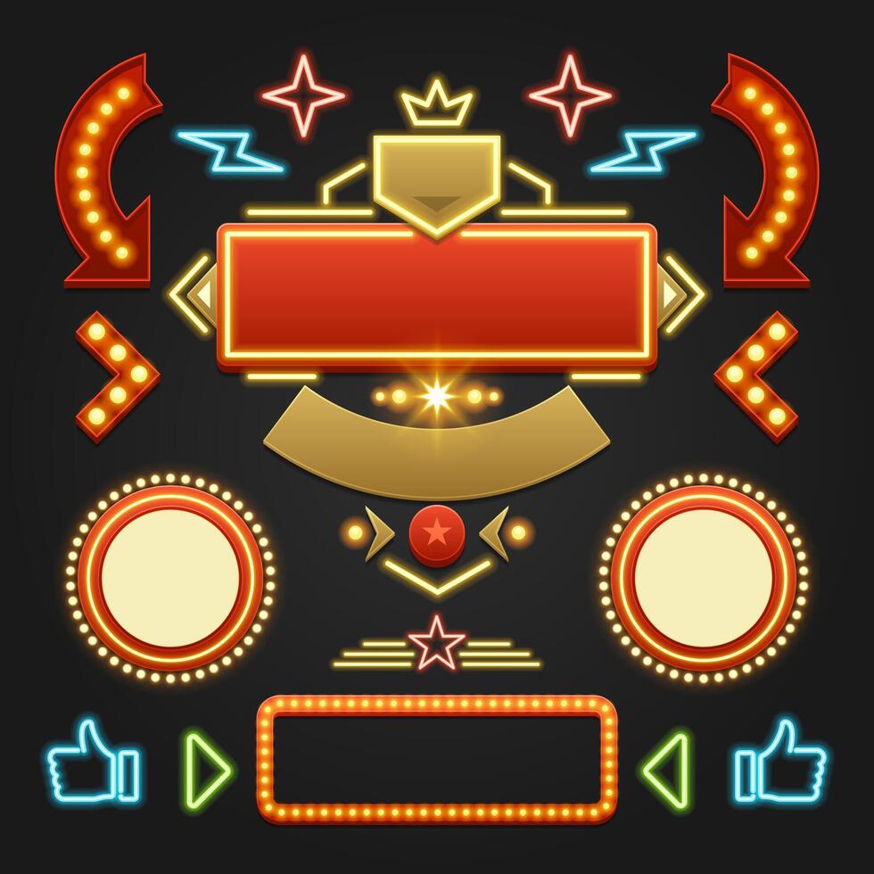 Retro Showtime Signs Design Elements Set. Bright Billboard Signage Light Bulbs, Frames, Arrows, Icons, Neon Lamps. vector