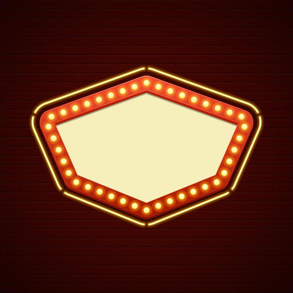 Retro Showtime Sign Design. Cinema Signage Light Bulbs Frame and Neon Lamps on brick wall background. vector
