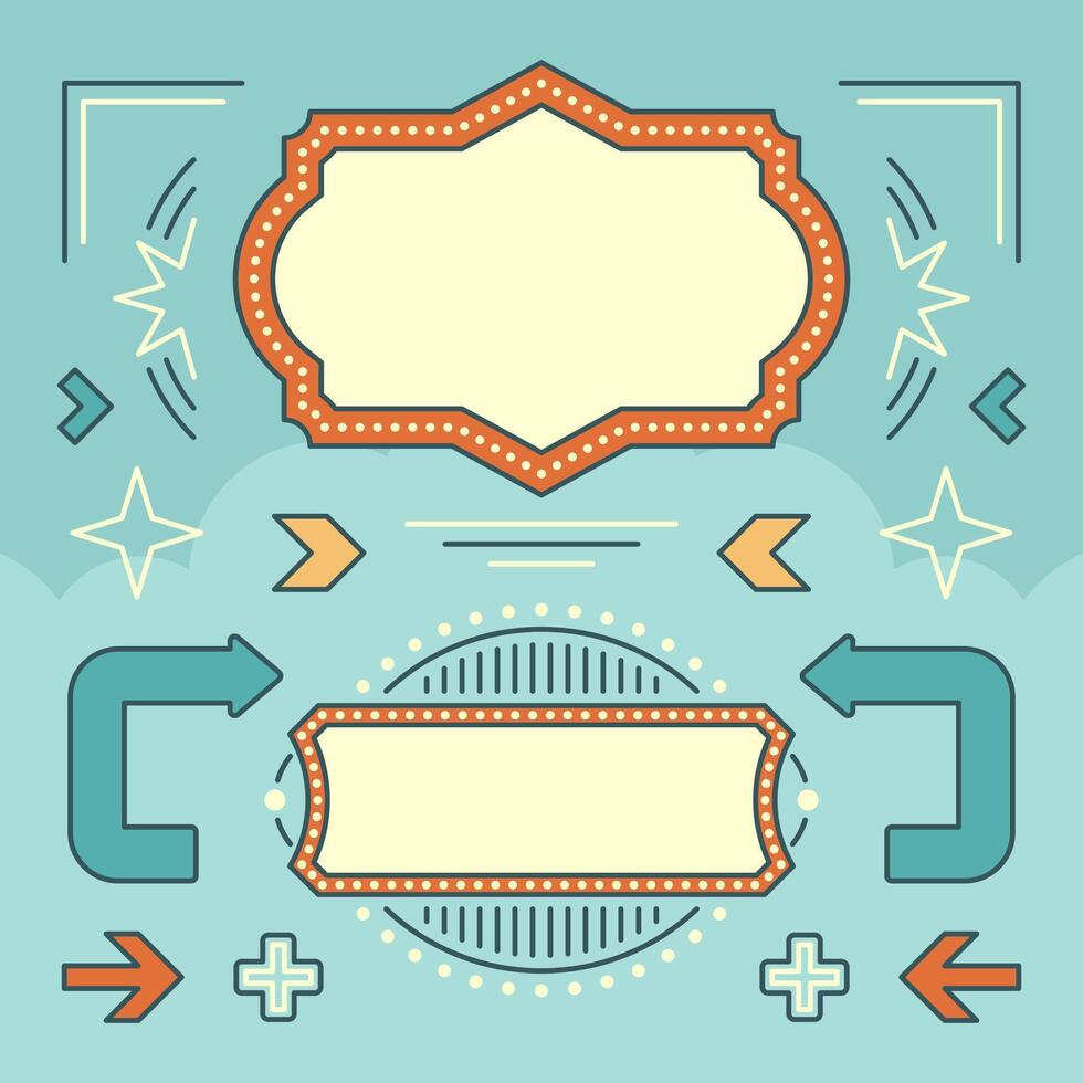 Retro American 1950s Sign Design Elements Set. Billboard Signage Light Bulbs, Frames, Arrows, Icons, Neon Lamps. vector