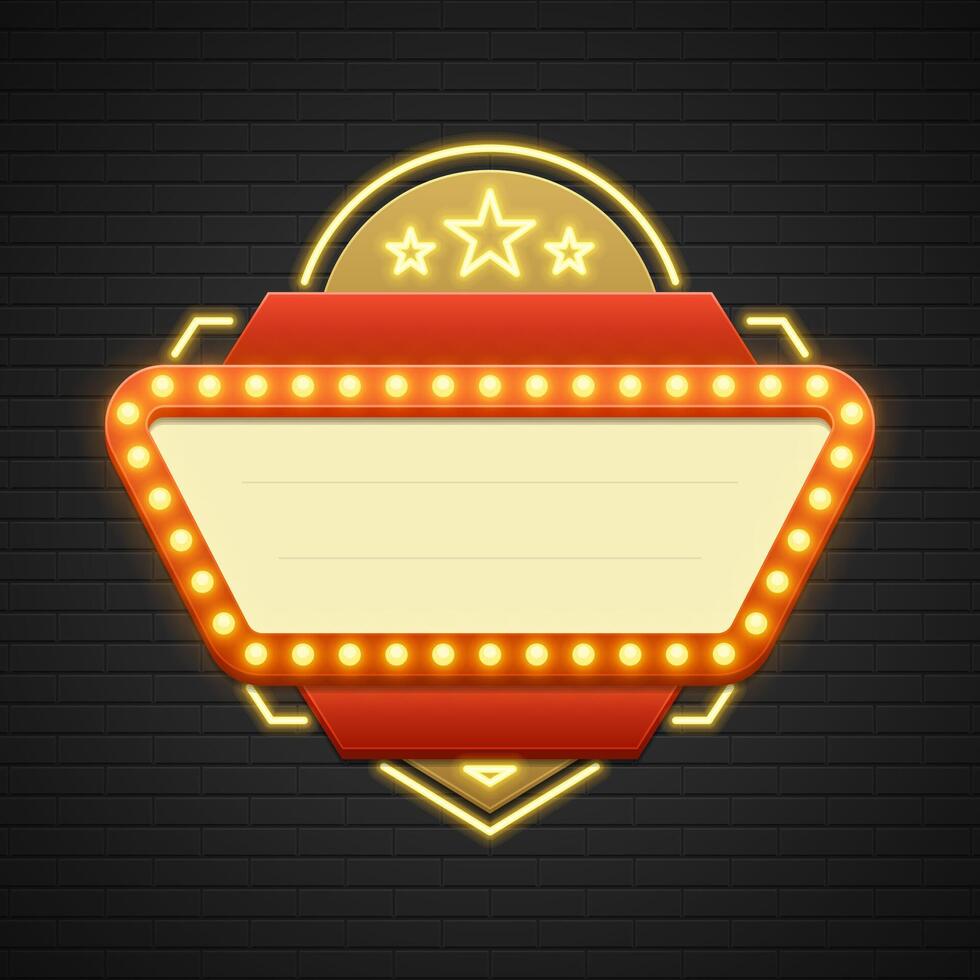 Retro Showtime Sign Design. Cinema Signage Light Bulbs Frame and Neon Lamps on brick wall background vector