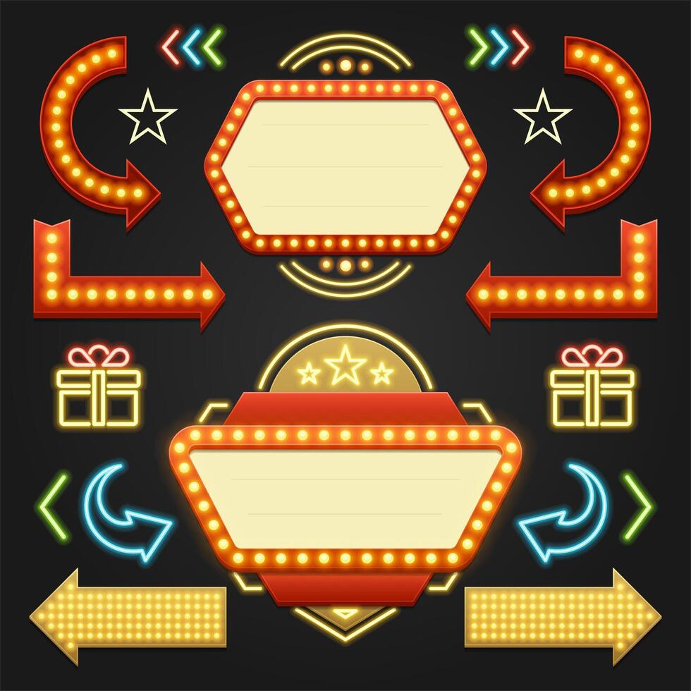 Retro Showtime Signs Design Elements Set. Bright Billboard Signage Light Bulbs vector