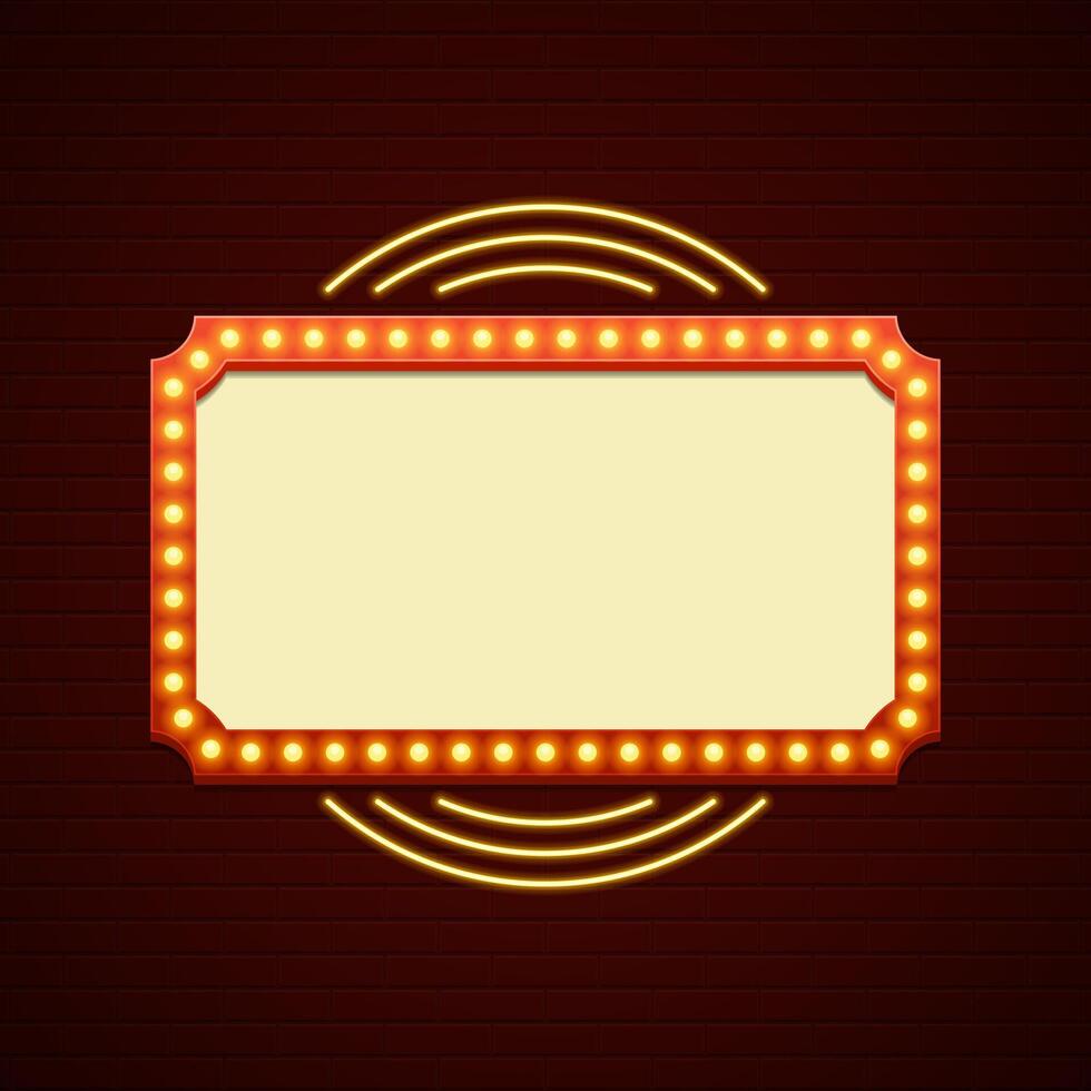 Retro Showtime Sign Design. Cinema Signage Light Bulbs Frame and Neon Lamps on brick wall background. vector