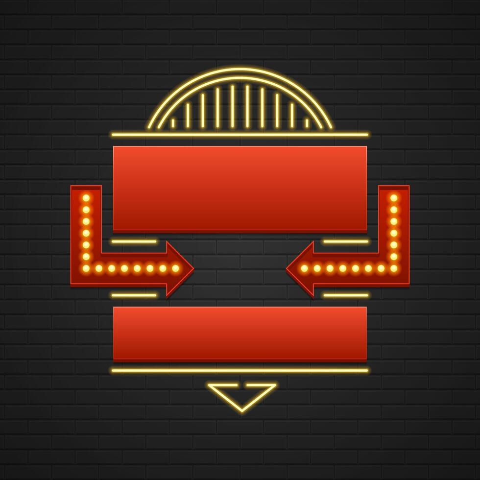 Retro Showtime Sign Design. Cinema Signage Light Bulbs Frame and Neon Lamps on brick wall background. vector
