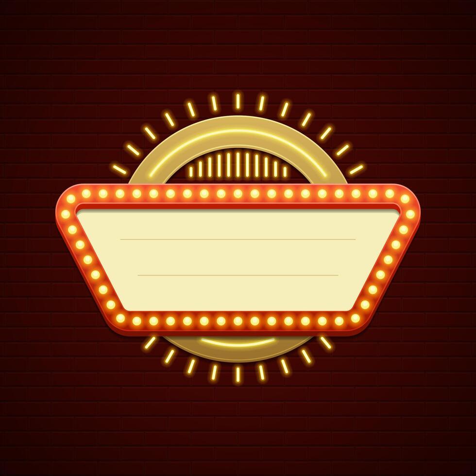 Retro Showtime Sign Design. Cinema Signage Light Bulbs Frame and Neon Lamps on brick wall background. vector