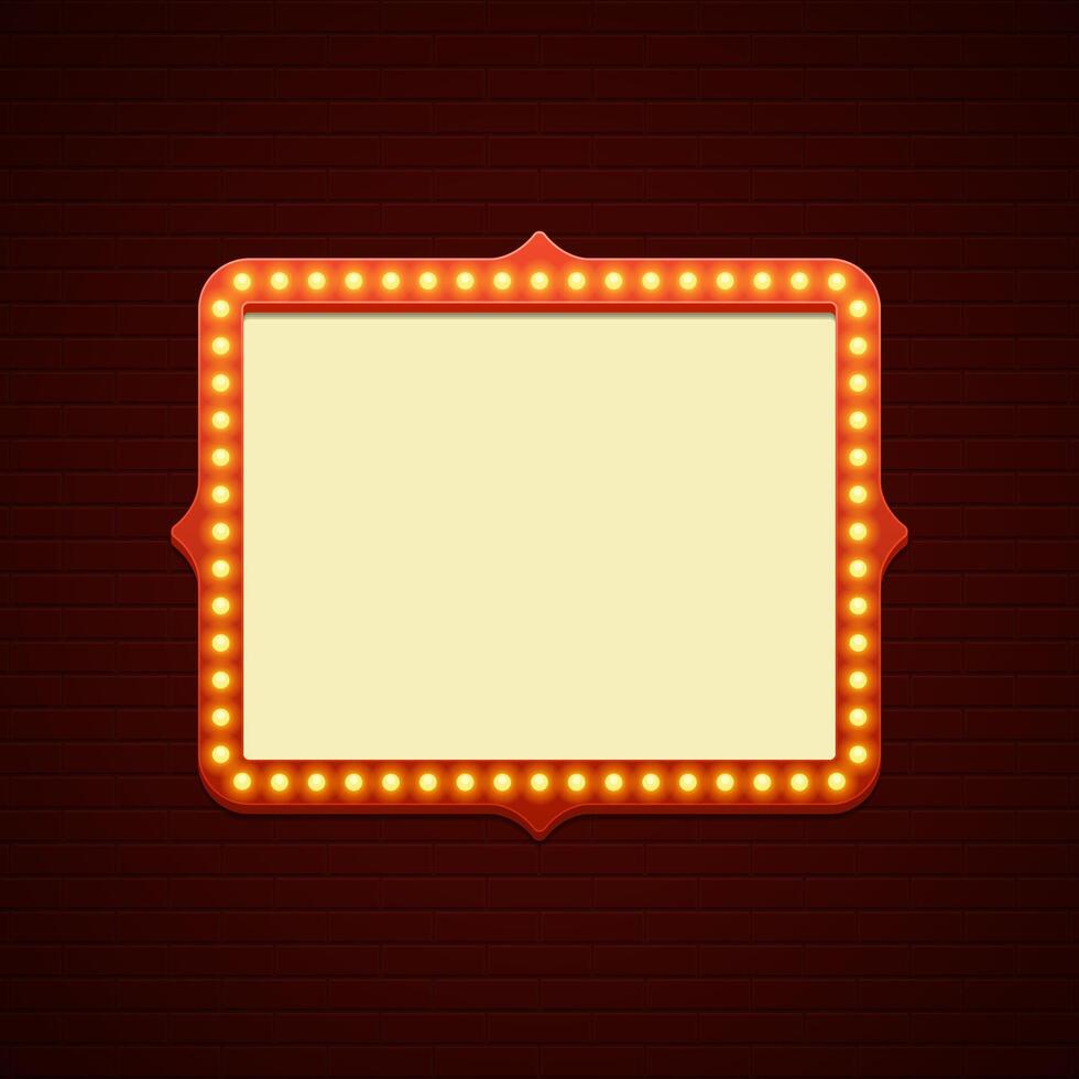 Retro Showtime Sign Design. Cinema Signage Light Bulbs Frame and Neon Lamps on brick wall background vector