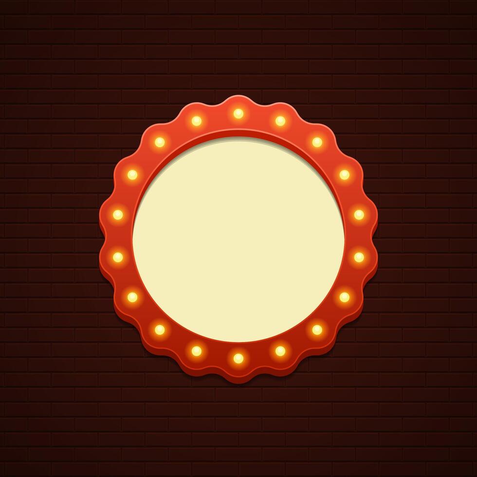 Retro Showtime Sign Design. Cinema Signage Light Bulbs Frame and Neon Lamps on brick wall background vector