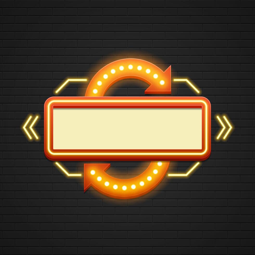 Retro Showtime Sign Design. Cinema Signage Light Bulbs Frame and Neon Lamps on brick wall background vector