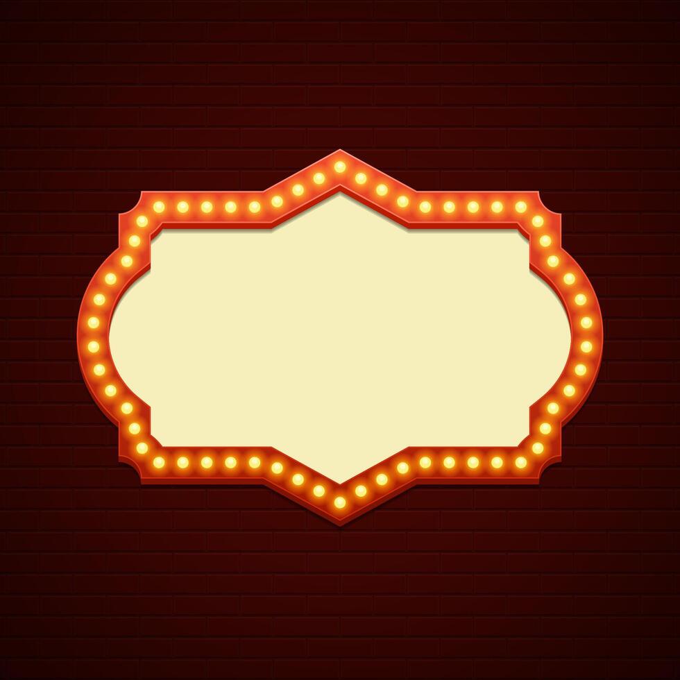 Retro Showtime Sign Design. Cinema Signage Light Bulbs Frame and Neon Lamps on brick wall background. vector