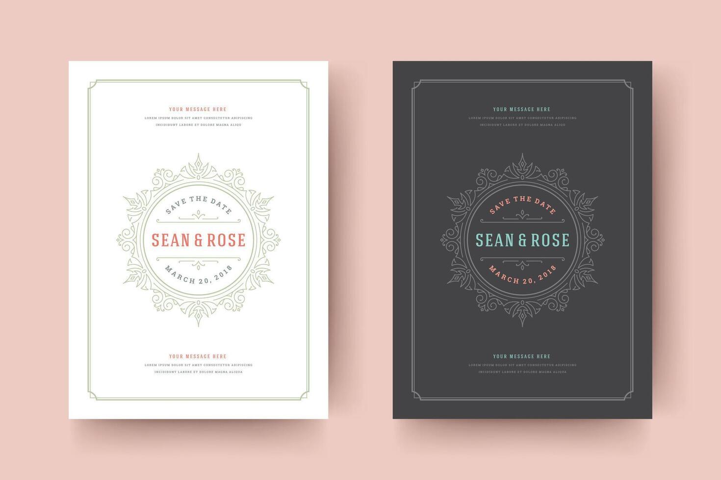 Wedding save the date invitation cards flourishes ornaments. vector