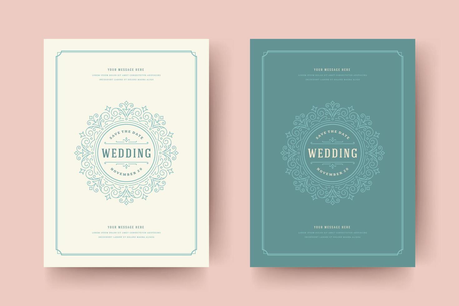 Wedding save the date invitation cards flourishes ornaments. vector