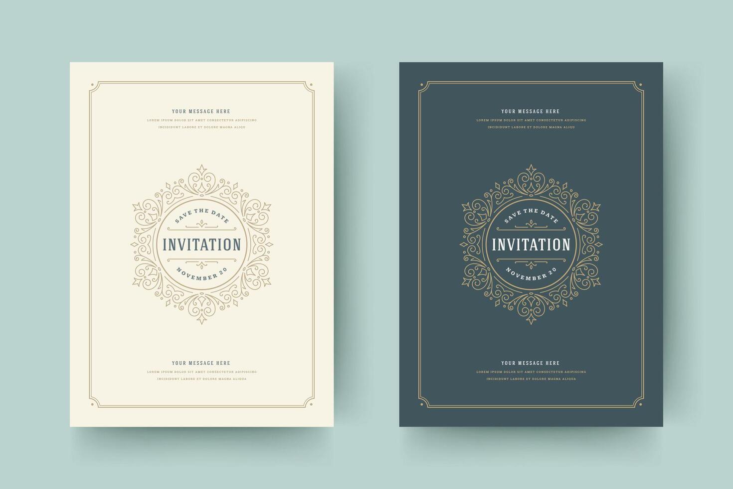 Wedding save the date invitation cards flourishes ornaments. vector