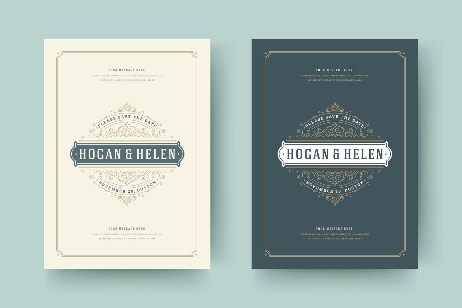 Wedding save the date invitation cards flourishes ornaments. vector