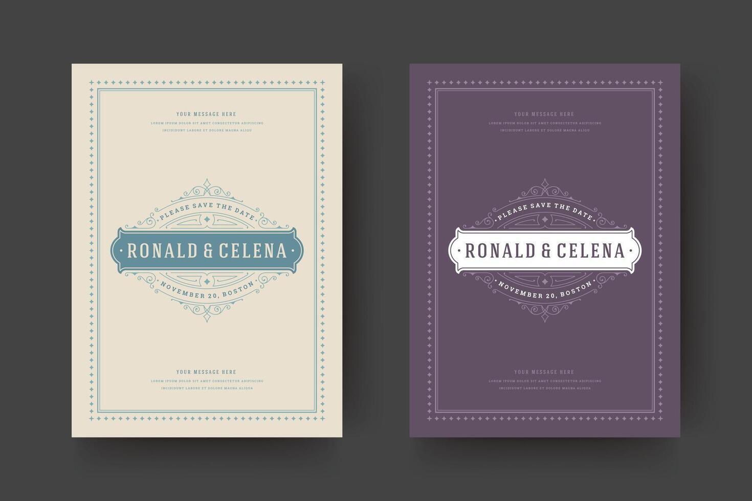 Wedding save the date invitation cards flourishes ornaments. vector