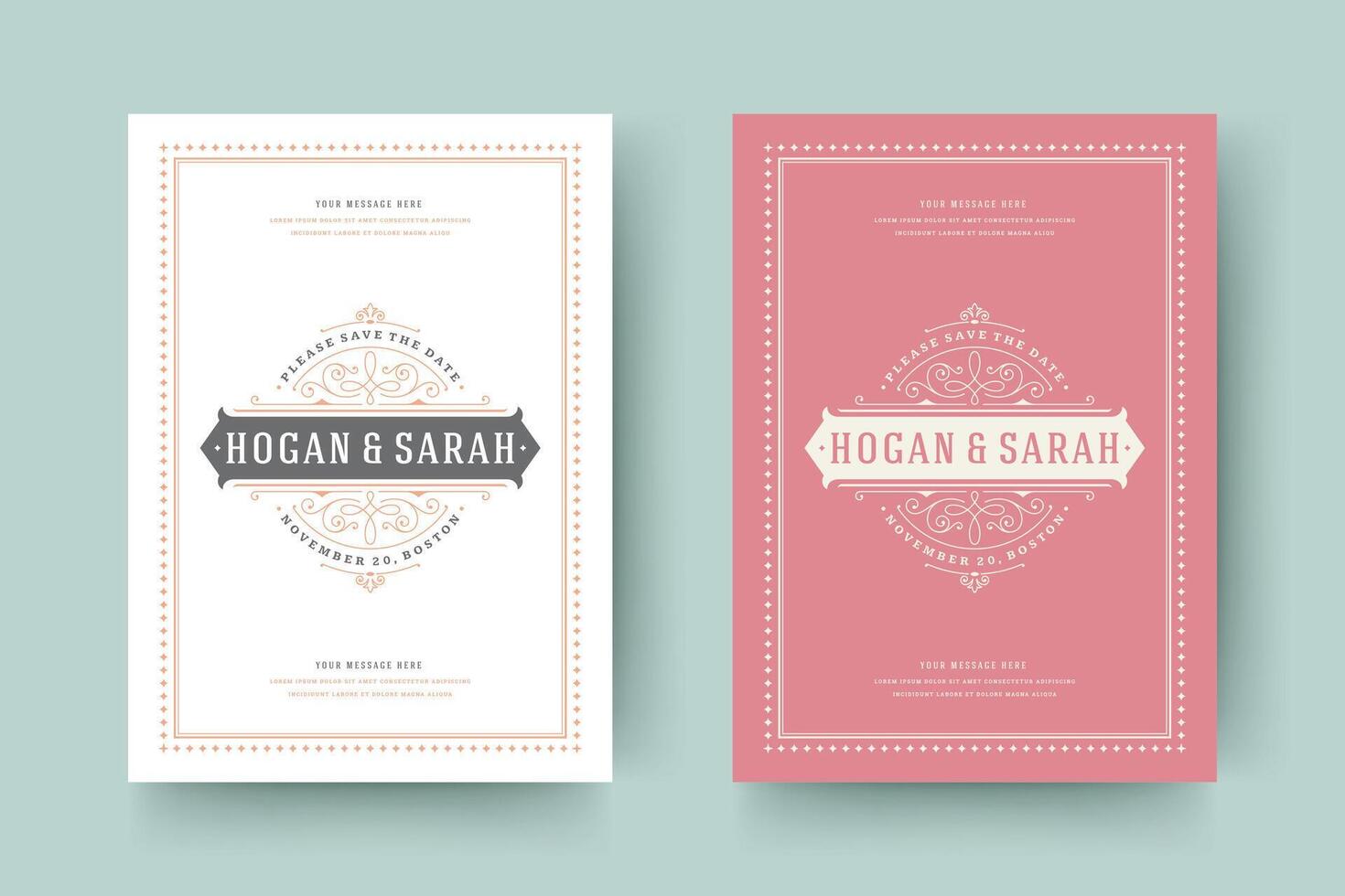 Wedding save the date invitation cards flourishes ornaments. vector
