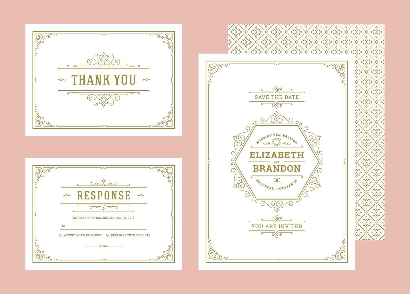 Set wedding invitations flourishes ornaments cards invite with save the date and information design vector