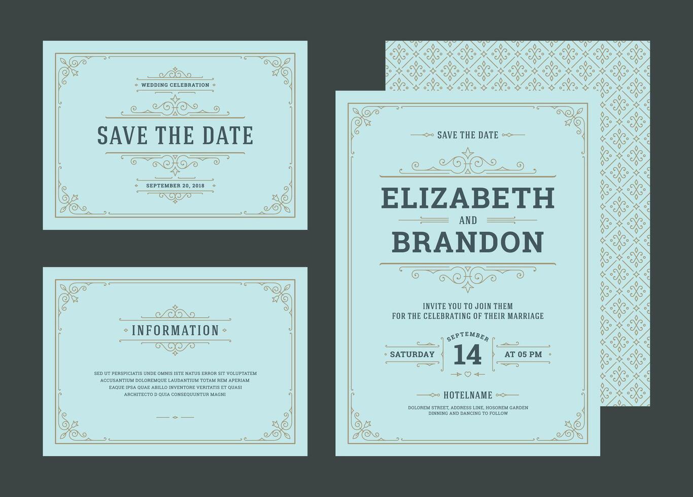 Set wedding invitations cards with flourishes ornaments decoration vector