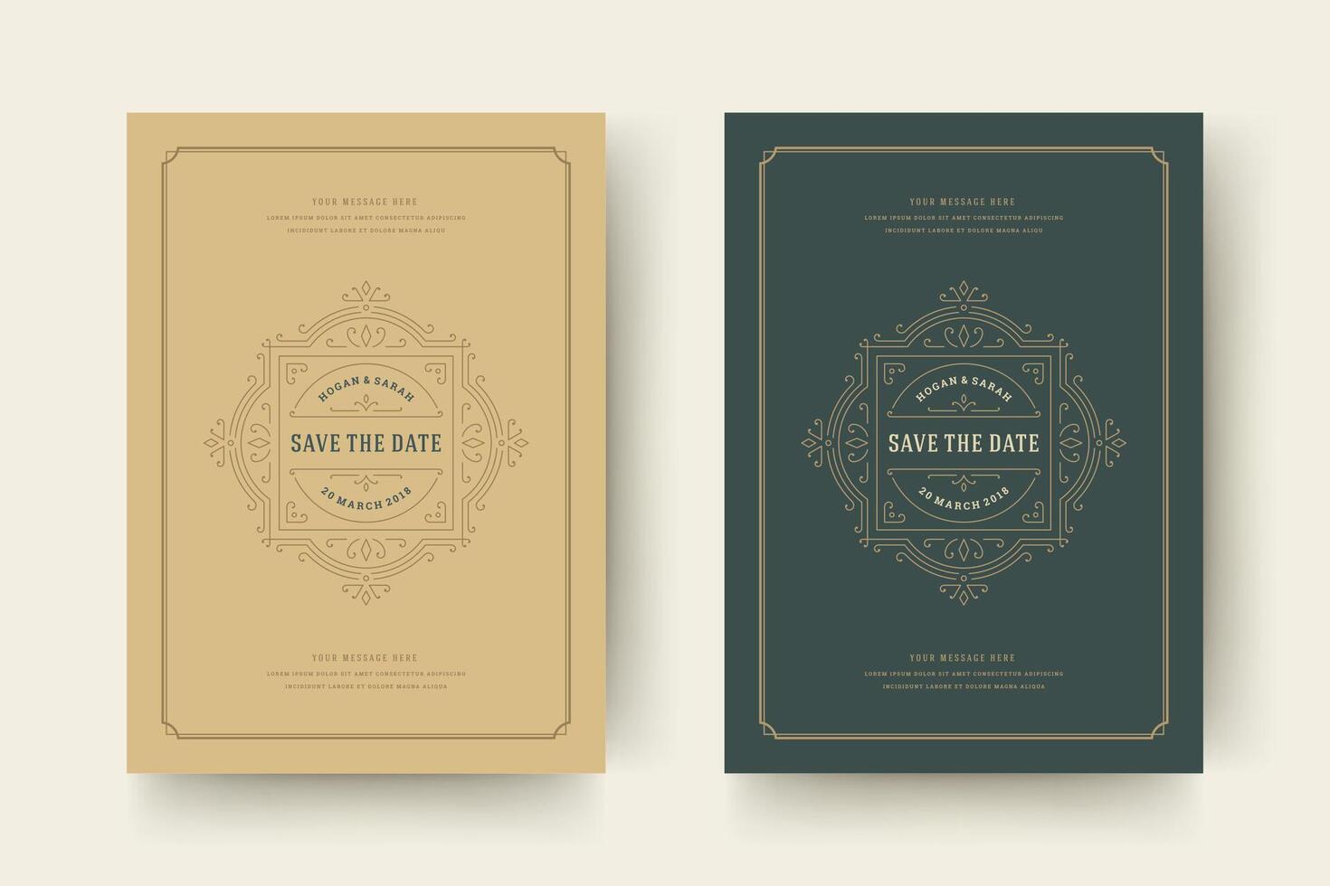 Wedding save the date invitation cards flourishes ornaments. vector