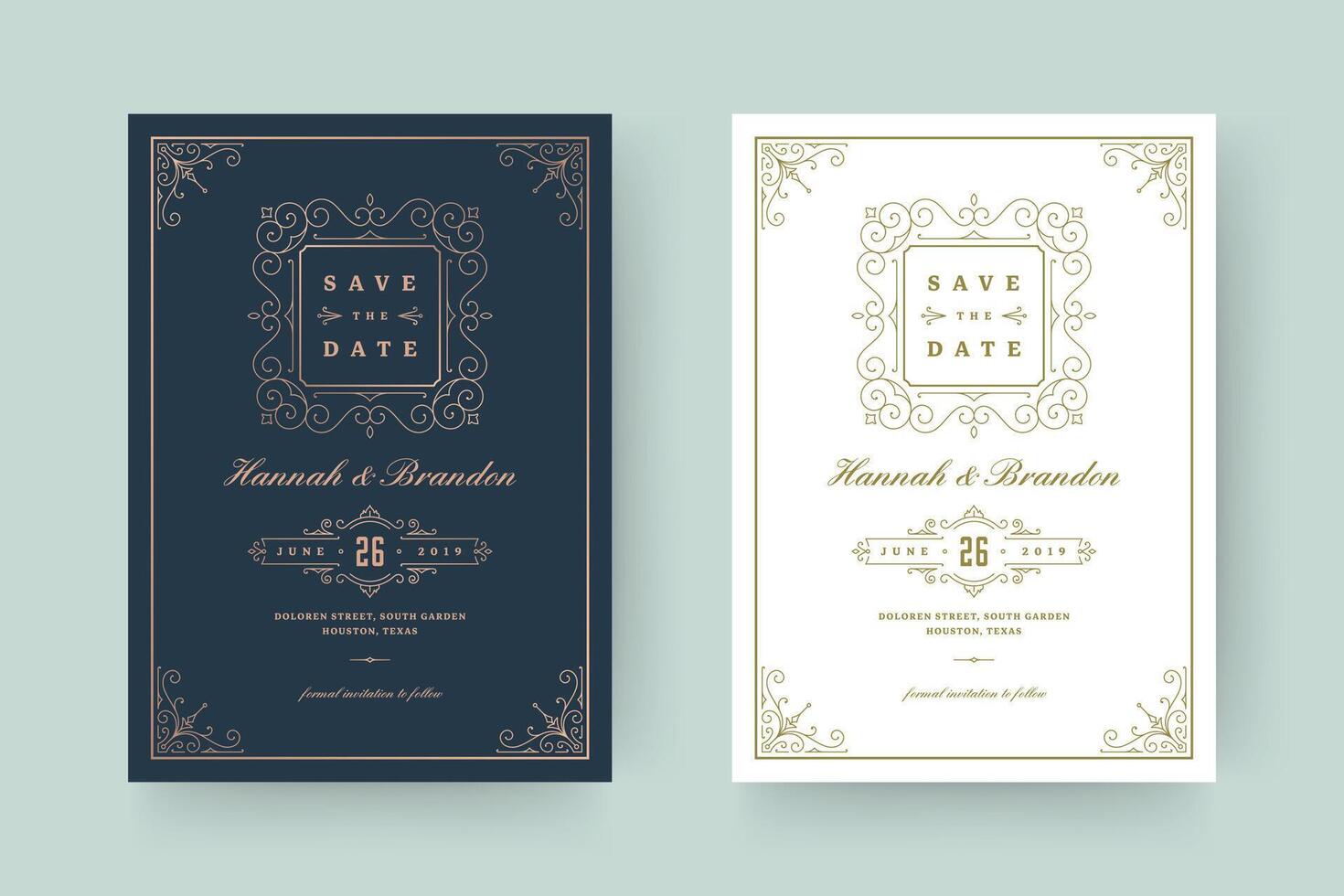 Wedding invitation save the date card template elegant flourishes ornaments vignette swirls illustration vector