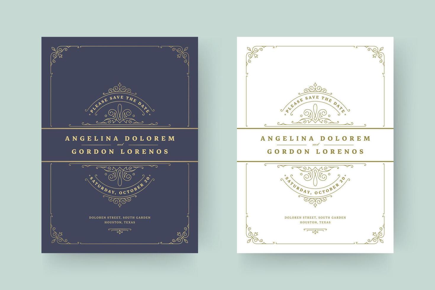 Wedding invitation save the date card template elegant flourishes ornaments vignette swirls illustration. vector