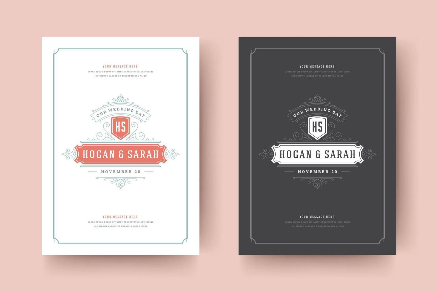 Wedding save the date invitation cards flourishes ornaments vector